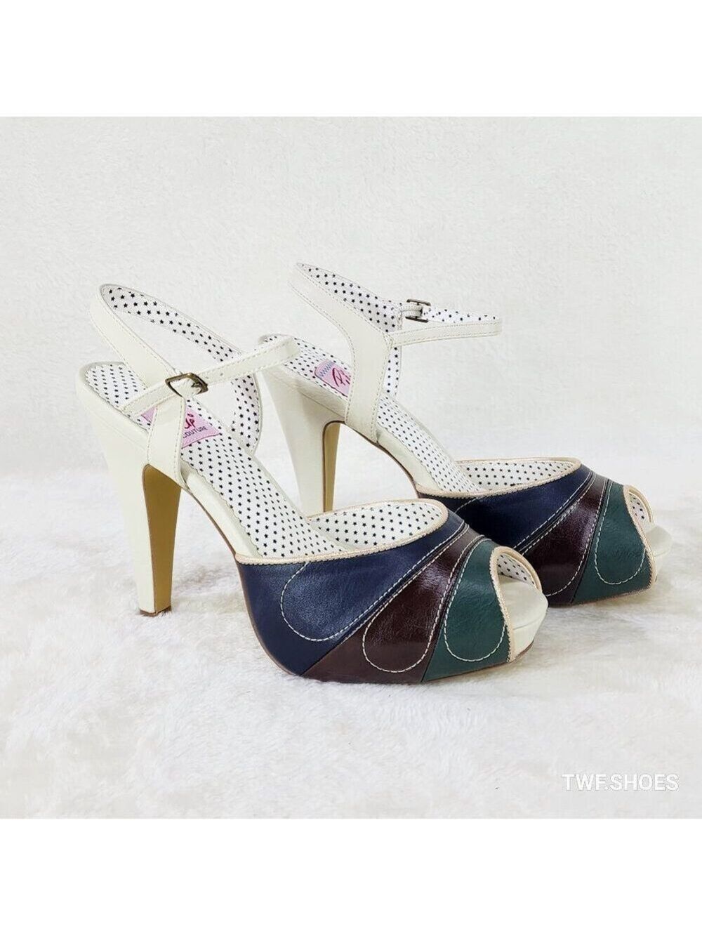 Pin Up Girl Cream Platform Dance Heels Ankle Strap High Heel Shoes